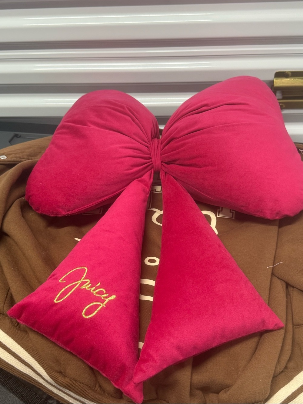 Juicy Couture Hot Pink Bow Accent Pillow with Gold Script